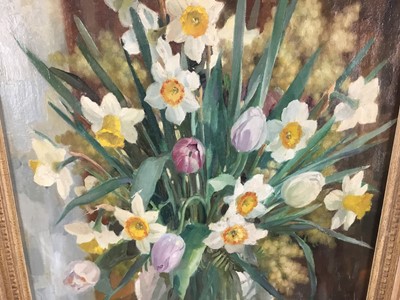 Lot 293 - Anatoli Nikolaevich Nikolsky (b. 1934) oil on canvas - Still life of spring flowers with daffodils and tulips, signed and dated 1956, 51 x 41cm, framed