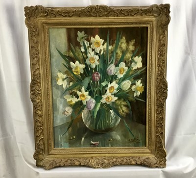 Lot 293 - Anatoli Nikolaevich Nikolsky (b. 1934) oil on canvas - Still life of spring flowers with daffodils and tulips, signed and dated 1956, 51 x 41cm, framed