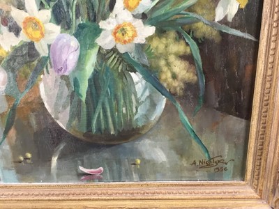 Lot 293 - Anatoli Nikolaevich Nikolsky (b. 1934) oil on canvas - Still life of spring flowers with daffodils and tulips, signed and dated 1956, 51 x 41cm, framed