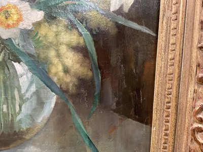 Lot 293 - Anatoli Nikolaevich Nikolsky (b. 1934) oil on canvas - Still life of spring flowers with daffodils and tulips, signed and dated 1956, 51 x 41cm, framed