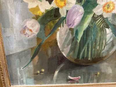 Lot 293 - Anatoli Nikolaevich Nikolsky (b. 1934) oil on canvas - Still life of spring flowers with daffodils and tulips, signed and dated 1956, 51 x 41cm, framed