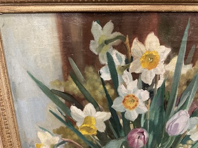 Lot 293 - Anatoli Nikolaevich Nikolsky (b. 1934) oil on canvas - Still life of spring flowers with daffodils and tulips, signed and dated 1956, 51 x 41cm, framed