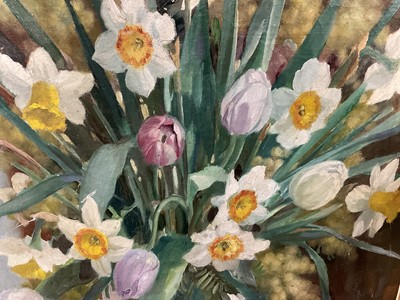 Lot 293 - Anatoli Nikolaevich Nikolsky (b. 1934) oil on canvas - Still life of spring flowers with daffodils and tulips, signed and dated 1956, 51 x 41cm, framed