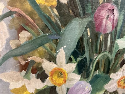 Lot 293 - Anatoli Nikolaevich Nikolsky (b. 1934) oil on canvas - Still life of spring flowers with daffodils and tulips, signed and dated 1956, 51 x 41cm, framed