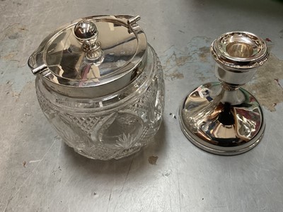 Lot 693 - Silver lidded buiscuit jar and silver candlestick