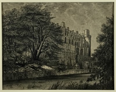 Lot 426 - 19th century pencil study of a castle, dated 1882 and indistinctly signed, 46cm x 36cm,  mounted in oak frame