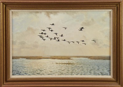 Lot 982 - *Julian Novorol (b.1949) pair of oils on canvas - Geese over the Marshes, signed and dated 1989, 40.5cm x 60.5cm, in gilt frames