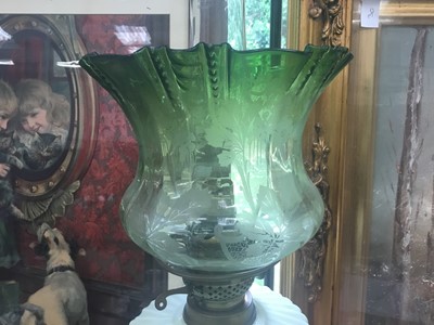 Lot 55 - Late Victorian brass oil lamp with green glass shade