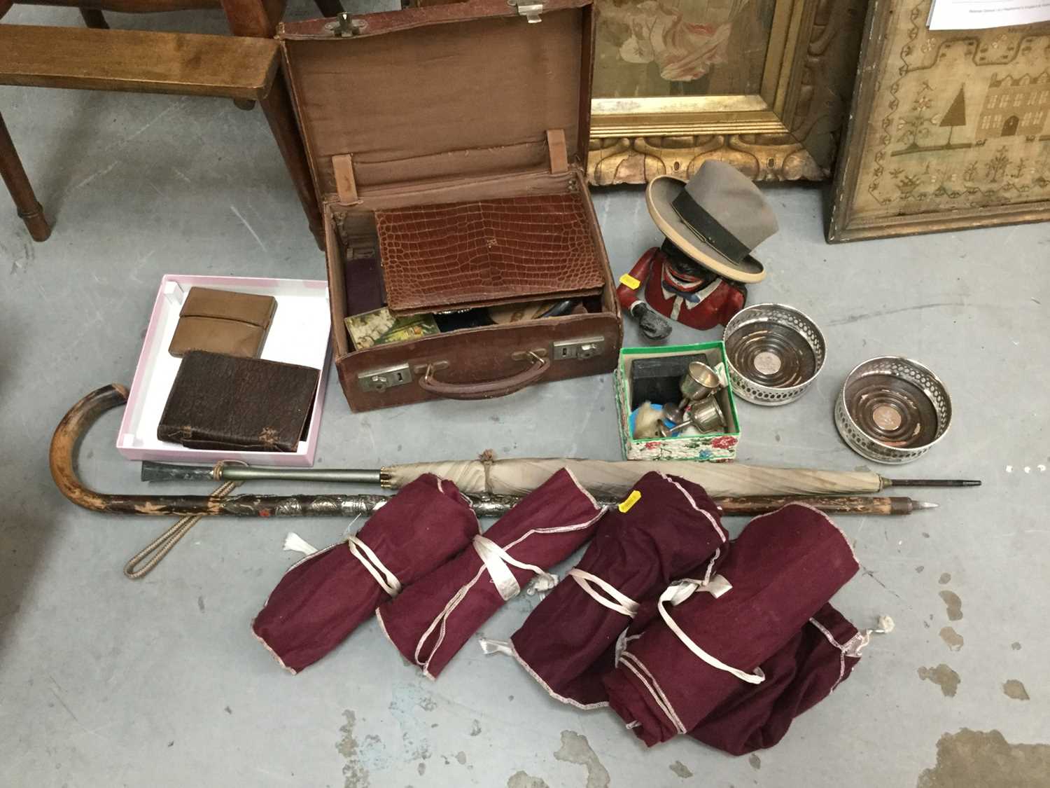 Lot 4 - Collection of plated cutlery, walking stick, umbrella, money box and other various items