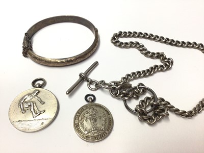 Lot 34 - Collection of silver and plated military related teaspoons, WWII pocket watch, chain, silver fobs etc