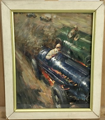 Lot 111 - English School mid 20th Century, gouache, A dramatic racing car scene, 23 x 18cm in glazed frame