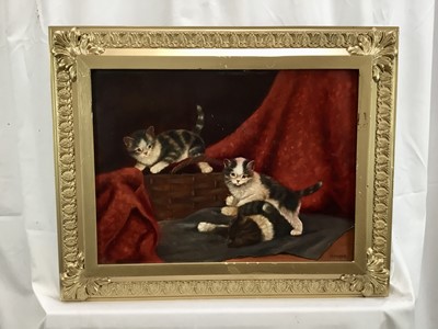 Lot 33 - Gaborg Kittinger, oil on panel - Kittens at play, signed, 30 x 40cm, in gilt frame