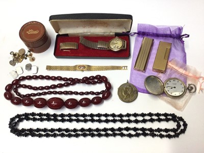 Lot 82 - Simulated cherry amber bead necklace, other jewellery, watches, coin penknife, Dunhill gold plated lighter and one other