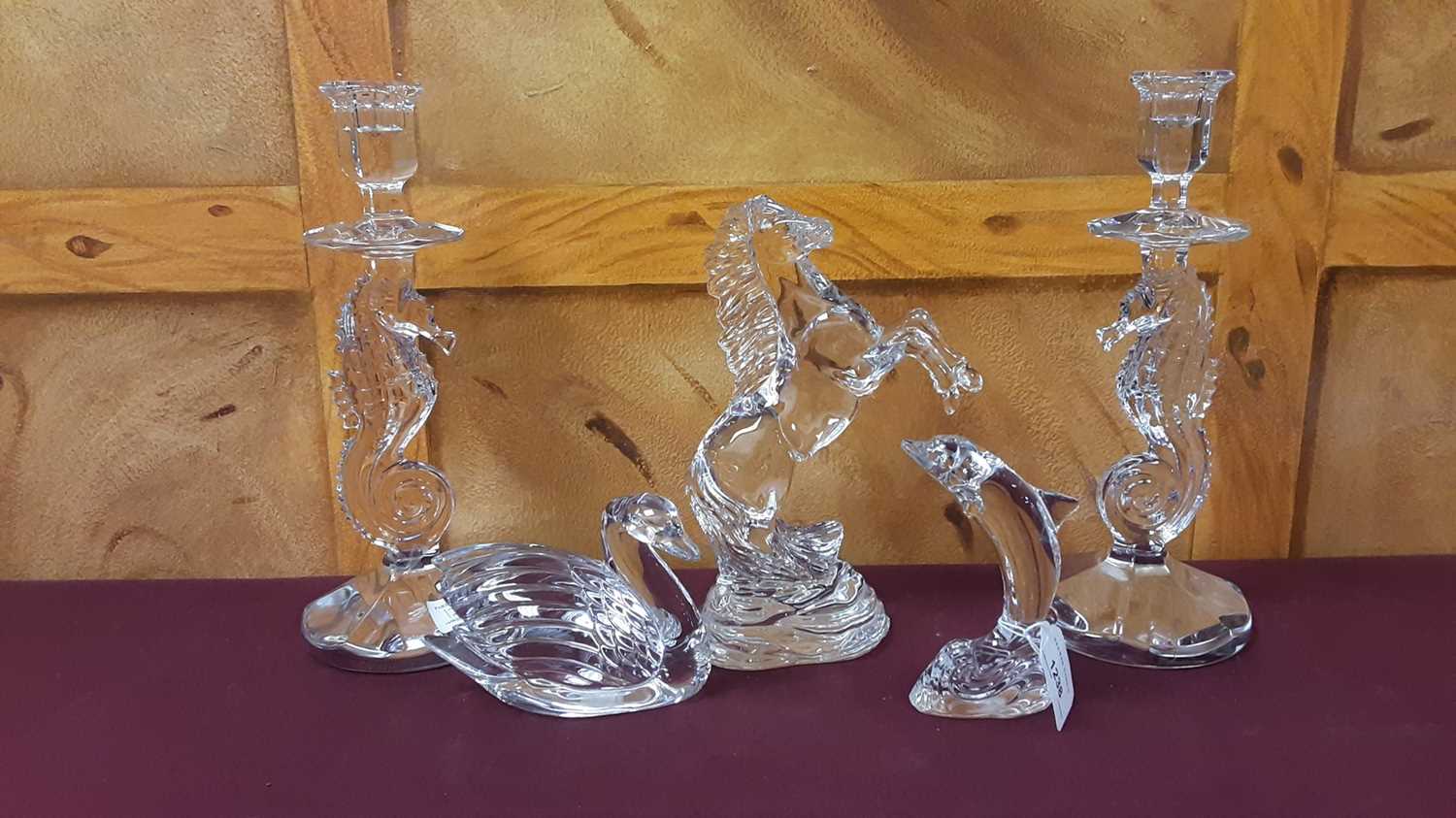 Lot 1238 - Pair of Waterford Crystal Seahorse candlesticks, boxed, Waterford horse, Waterford Swan and a Waterford Dolphin (5)