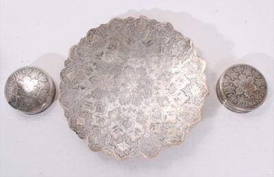 Lot 374 - Middle Eastern white metal dish and two similar boxes