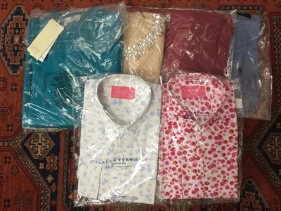 Lot 2063 - Selection of womens new and packaged knitwear including Merino wool jumpers, cashmere wraps.  Two new Charles Tyrwhitt shirts, scarves etc.  A Longchamp handbag and one other.