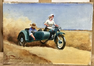 Lot 181 - D Turini, oil on canvas laid onto board, motorbike and sidecar