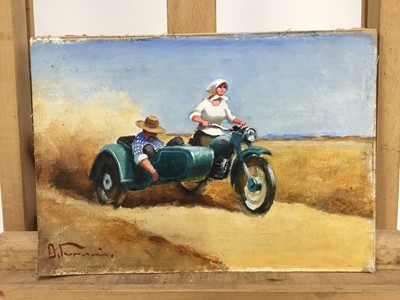 Lot 181 - D Turini, oil on canvas laid onto board, motorbike and sidecar