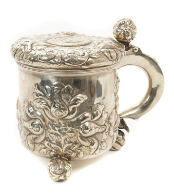 Lot 304 - Large Antique Scandinavian white metal lidded tankard with engraved date 1714.