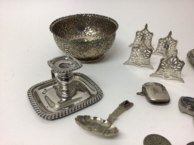 Lot 210 - Miscellaneous group of silver and plated wares to include an Art Deco silver flask, Burmese white metal flask, pair of Victorian Scottish silver knife rests, Victorian silver bowl, silver vesta cas...