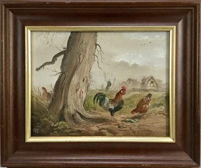 Lot 112 - John F Mace, oil on board - A landscape with chickens by a tree, farm buildings beyond, monogrammed, 16 x 21cm, framed