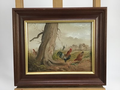 Lot 149 - John F Mace, oil on board - A landscape with chickens by a tree, farm buildings beyond, monogrammed, 16 x 21cm, framed