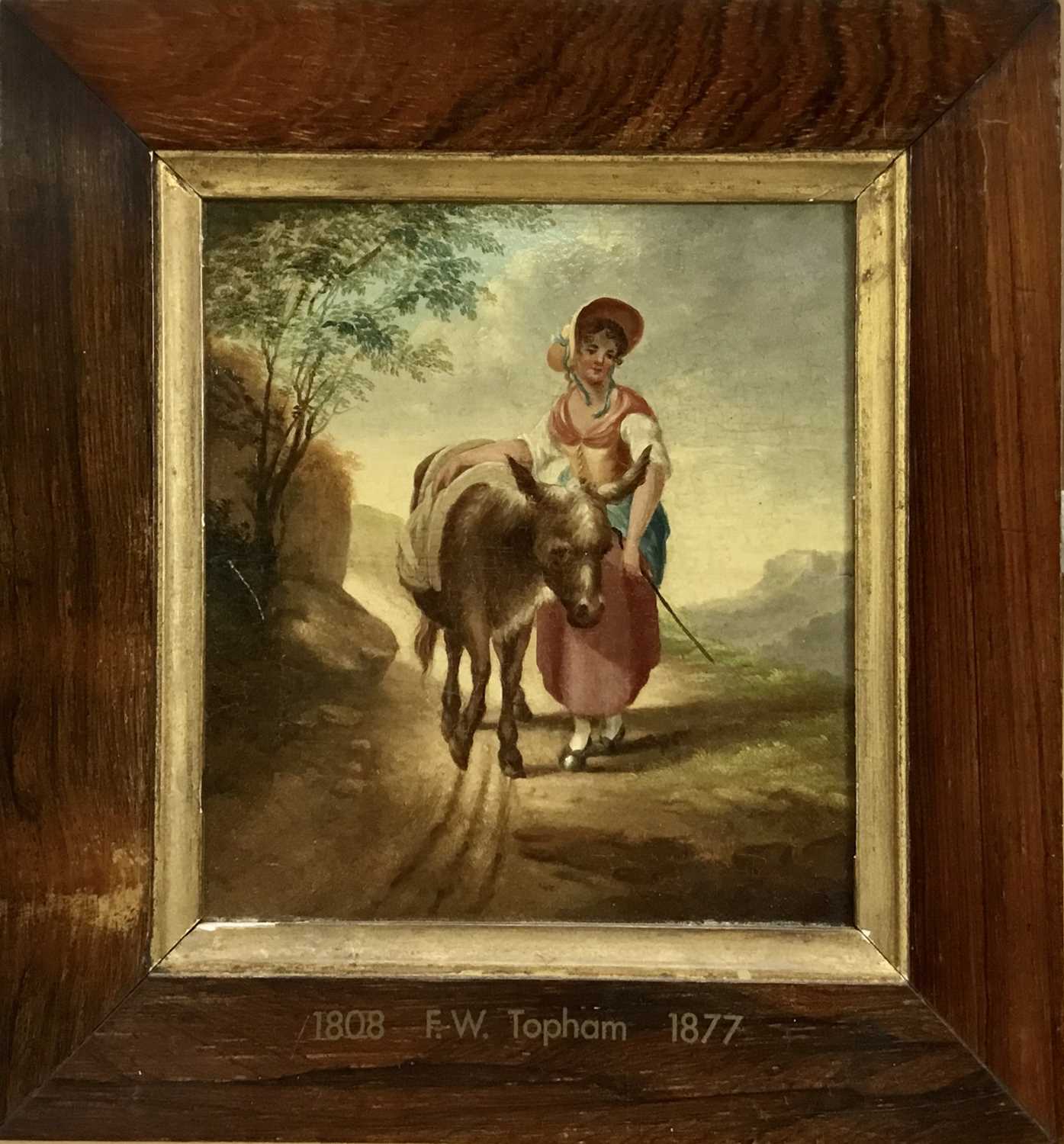 Lot 109 - Francis William Topham (1808-1877), oil on panel, A young peasant girl and her donkey on a hilly track, in rosewood frame, 16.5 x 15.4cm