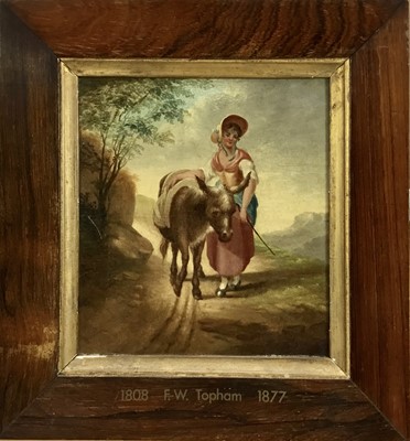 Lot 109 - Francis William Topham (1808-1877), oil on panel, A young peasant girl and her donkey on a hilly track, in rosewood frame, 16.5 x 15.4cm