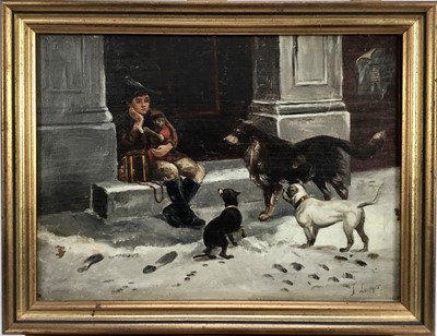 Lot 114 - J Lockyer, 19th century, oil on board - A young busker holding a monkey with dogs watching, signed, 22 x 29cm, framed
