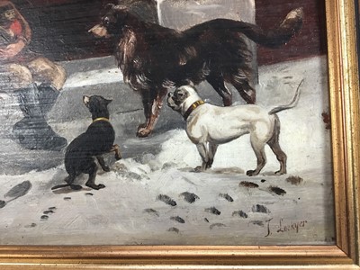 Lot 114 - J Lockyer, 19th century, oil on board - A young busker holding a monkey with dogs watching, signed, 22 x 29cm, framed