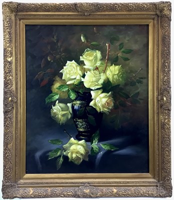 Lot 30 - English School 20th century oil on canvas - still life of roses in a vase, 59 x 49cm,  in ornate gilt frame