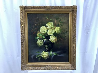 Lot 30 - English School 20th century oil on canvas - still life of roses in a vase, 59 x 49cm,  in ornate gilt frame