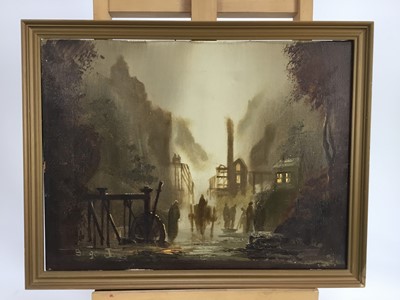 Lot 115 - Singer Jones, oil on canvas - Welsh mining scene in the early morning, signed, 30 x 40cm, framed