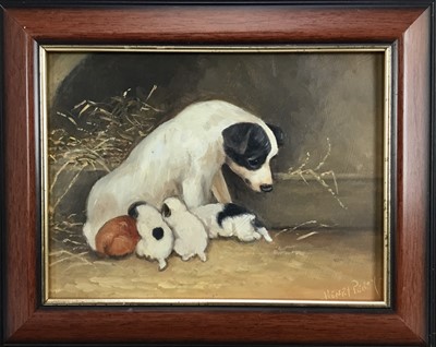 Lot 108 - Henry Percy, oil on board, A black and white dog with her pups, signed, framed, 14.5 x 19.5cm