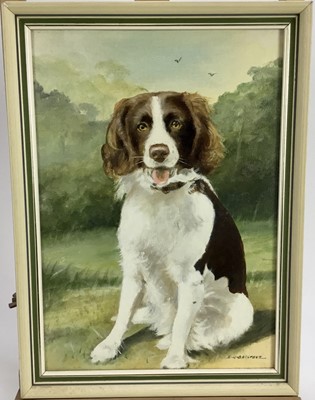 Lot 105 - E R Batstone, oil on canvas board - A happy Spaniel, signed, in painted frame.  34 x 24cm