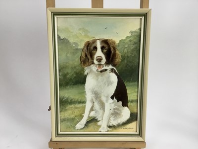 Lot 105 - E R Batstone, oil on canvas board - A happy Spaniel, signed, in painted frame.  34 x 24cm
