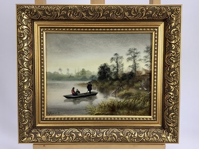 Lot 113 - J Swift, oil on board - river landscape with figures in a punt, 20 x 25cm, framed