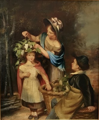 Lot 32 - Early 20th century English School, oil on canvas board - a family group in a landscape with mother putting flowers in her daughter's hair, initialled E.D.K., in gilt frame.  60 x 50cm