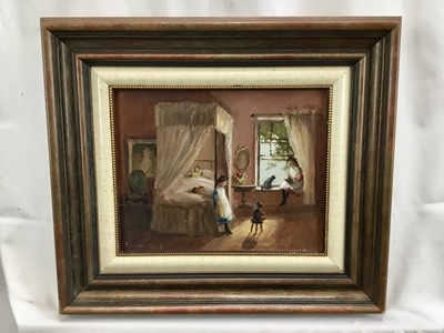Lot 197 - Deborah Jones (1921-2012), oil on board - bedroom scene with children and cats by a four poster bed, signed, 19 x 24cm, in wooden frame