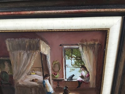 Lot 35 - Deborah Jones (1921-2012), oil on board - bedroom scene with children and cats by a four poster bed, signed, 19 x 24cm, in wooden frame