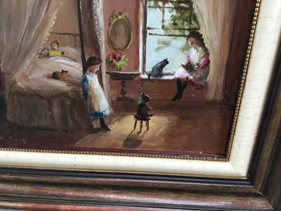 Lot 35 - Deborah Jones (1921-2012), oil on board - bedroom scene with children and cats by a four poster bed, signed, 19 x 24cm, in wooden frame