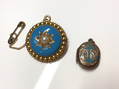 Lot 1 - Victorian yellow metal pearl, diamond and turquoise enamel pendant/brooch and locket (2)