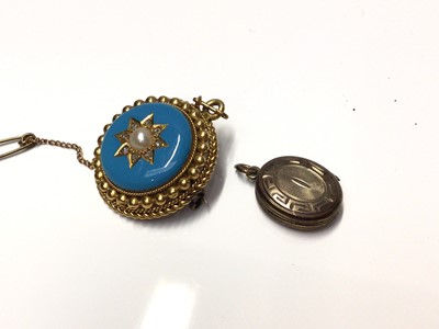 Lot 1 - Victorian yellow metal pearl, diamond and turquoise enamel pendant/brooch and locket (2)