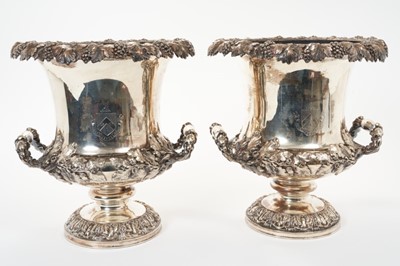 Lot 308 - Pair of 19th century silver plate wine coolers of campagna form with engraved armorials.