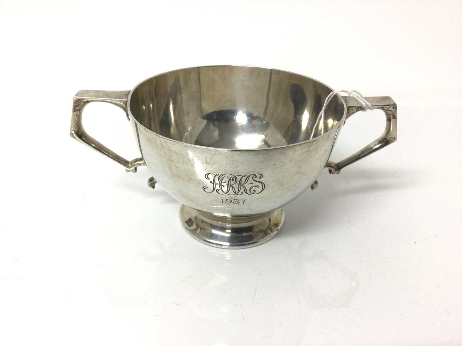 Lot 23 - George V silver two handled bowl with engraved initials, Hallmarked London 1936