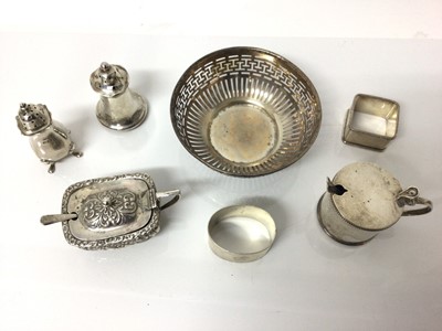 Lot 26 - Group of miscellaneous silver to include two mustard pots, two pepperettes, a bonbon dish and two napkin rings, (various dates and makers)