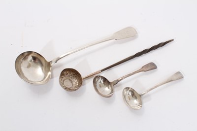 Lot 320 - Georgian silver toddy ladle,  a George IV silver soup  ladle and  two sauce ladles