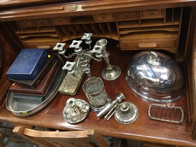 Lot 617 - Collection of silver plated wares to include gallery tray, serving dome and cutlery.