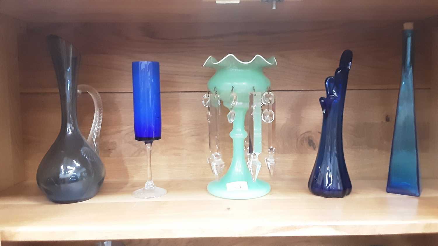 Lot 124 - Green glass lustre with prismatic drops, together with a collection of blue glassware