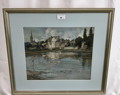 Lot 66 - Robert Hope (1869-1936) watercolour, buildings beside a river, possibly Edinburgh, signed